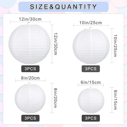 12Pcs Round Paper Lanterns Assorted Sizes (6" 8" 10" 12") for Home Decor, Restaurant, Church, Wedding, Birthday Party Decorations, Hanging Chinese Japanese Paper Lantern Lamps (White)