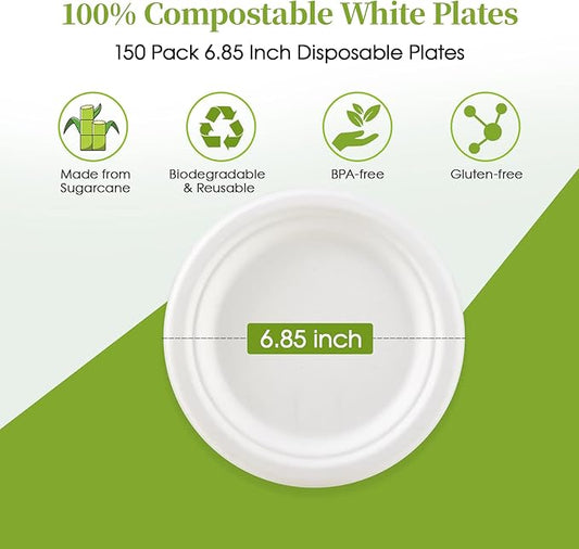 ECOLipak 6.85 Inch Compostable Dessert Paper Plates, 150 Pack Disposable Biodegradable Heavy Duty Eco-friendly Sugarcane Bagasse Halloween Plates for Party