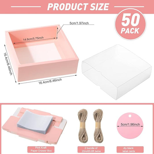 Roowest 50 Sets Kraft Soap Boxes Rectangle Packaging Box with Window Homemade Gift Box with Blank Tags and Jute String for Jewelry Candy Wrapping Party Favor(6.5 x 6.5 x 2 Inch,Pink)