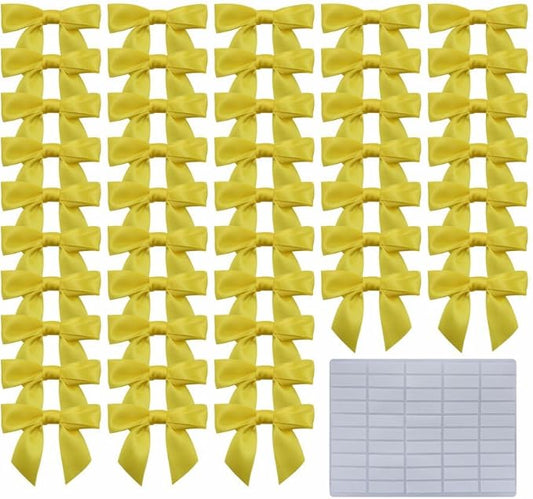 2.5" Hgzgch Yellow Satin Ribbon Bow for Gift Wrapping, Premade Bows for Crafts, Cake, Party Favors, Handmade Bows with Double-Sided Tape, Self Adhesive Gift Bows for Presents, Treats - 50pcs