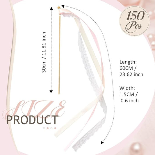 Taiyin 150 Pcs Lace Ribbon Stick Wands Wedding Wand Streamers with Bell Silk Ribbon Fairy Wand Wedding Send Off Streamer for Baby Shower Holiday Party Favors (Pink,Beige)