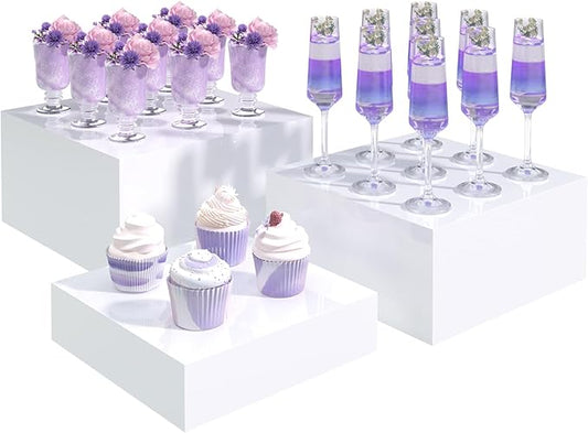 Buffet Risers, Food Display Risers for Party, White Acrylic Risers Display Stand for Buffet Table, Catering Displays for Dessert, Cube Box Nesting Riser with Hollow Bottoms (8"x9"x10" 3PCS)