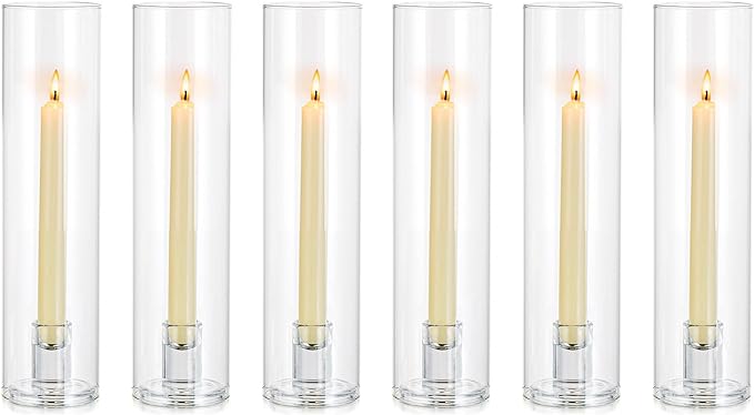 NUPTIO Candle Stick Candle Holder: Clear Glass Hurricane Candlestick Holders - Set of 6 Modern Taper Candle Stand with 11.8 inch Long Chimney Cover for Thanksgiving Christmas Fireplace Table Decor