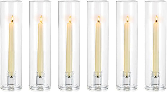 NUPTIO Candle Stick Candle Holder: Clear Glass Hurricane Candlestick Holders - Set of 6 Modern Taper Candle Stand with 11.8 inch Long Chimney Cover for Thanksgiving Christmas Fireplace Table Decor