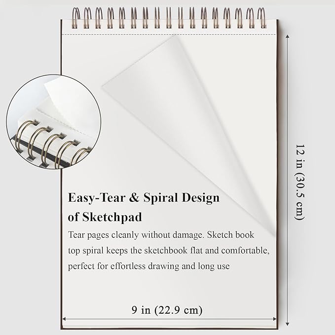 Fuxi 9" x 12" Sketch Book, Top Spiral Bound Sketch Pad, 100 Sheets 68lb/100gsm Acid-Free Drawing Paper, Art Sketchbook for Drawing Pad for Kids Artists & Beginners Professional Art Supplies for Adults