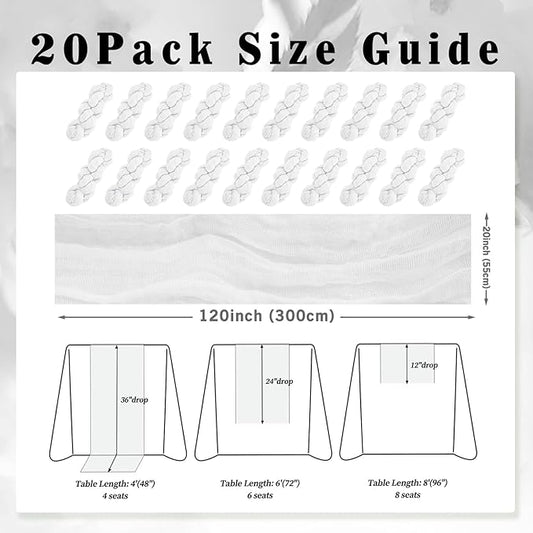 10FT 20 Pack White Cheesecloth Table Runner 20 x 120 Inch Long Rustic Gauze Cheese Cloth Table Runner for Wedding Bridal Baby Shower Table Decorations Boho Fabric Sheer Birthday Party Table Decor