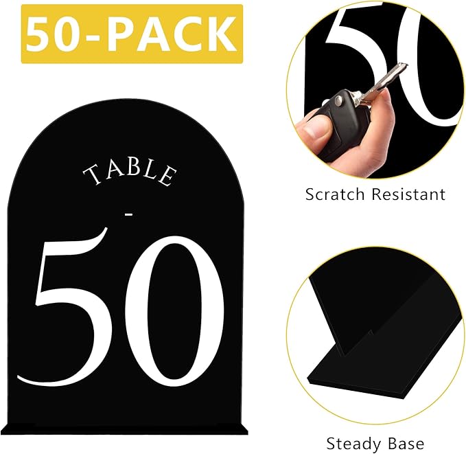 JOYIT Arch Wedding Table Numbers 1-50 with Stands Double-Sided Printed 5" X 7" Acrylic Table Signs with Black Background White Text, Perfect for Wedding Receptions, Parties