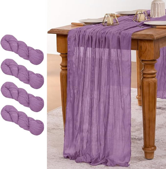 MLMW 4 Pack Fall Table Runner Purple Cheesecloth Boho Rustic Sheer Cheese Cloth Table Runner 160 inch 13.3ft for Halloween Wedding Party Baby Bridal Shower Birthday