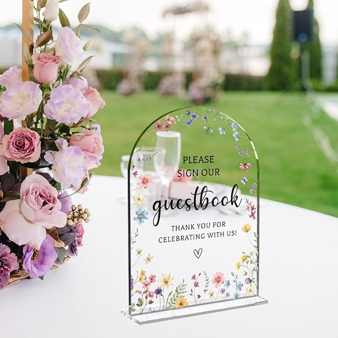 Wedding Sign Decor, Photo Guest Book Sign, 5x7 Inch Arch Acrylic, Wedding Sign for Reception & Event, Bridal Shower Decorations, Wedding Table Sign Accessories for Anniversary And Party (Flower)