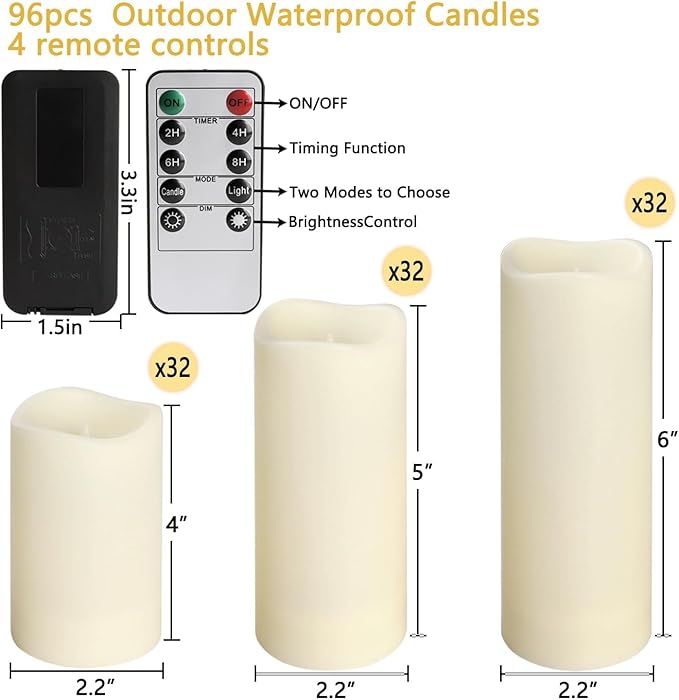 Set of 96 Flameless Led Battery Opeated (D2.2'' x H4''5''6'') Waterproof Outdoor Indoor Candles with 10-Key Remotes and Cycling 24 Hours Timer