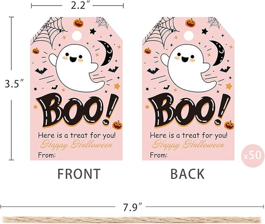 Aukolass 50Pcs Boo Gift Tags, Halloween Treat Tag for Spooky Girl Ghost Party Favor and Gift Wrapping Decoration (Pink Boo)
