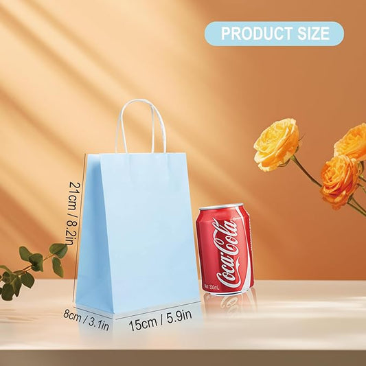 BAG BOX 50 Pack Small 5.9x3.1x8.25 Inch Blue Kraft Paper Gift Bags with Handles for Bulk Shopping, Retail, Craft, Party Favors, Wedding, Grocery & Sacks