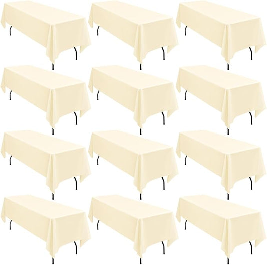 12 Pack 60 x 126 Inch Tablecloth, Beige Polyester Tablecloth for 8 Ft Rectangle Tables, Washable Fabric Table Cover for Wedding Party Dining Buffet Parties or Camping