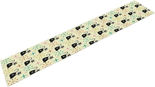 Mid Cat Table Runner, Vintage Black Cat and Atomic Stars 1950s 1960s Abstract Geometric Space Pattern Table Decoration for Home Kitchen Restaurant 13x90 Inches