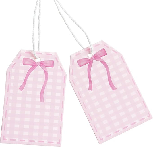 100Pcs Coquette Pink Bow Gift Tags with String Pink Buffalo Plaid Large Gift Tag with 65Ft White String Paper Gift Tag for Coquette Bow Baby Shower Birthday Bachelorette Wedding Gift Wrap Tag