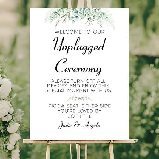 Personalized Unplugged Ceremony Sign – Elegant Wedding Yard Sign with Greenery – Turn Off Devices & Find Your Seat