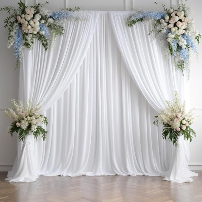 50ftx14FT Wrinkle Free White Backdrop Curtain, 10 Panels 14FT Height White Wedding Backdrop Drapes, Silky Polyester Back Drop Cloth for Birthday Photography Background Party Backdrop Draping