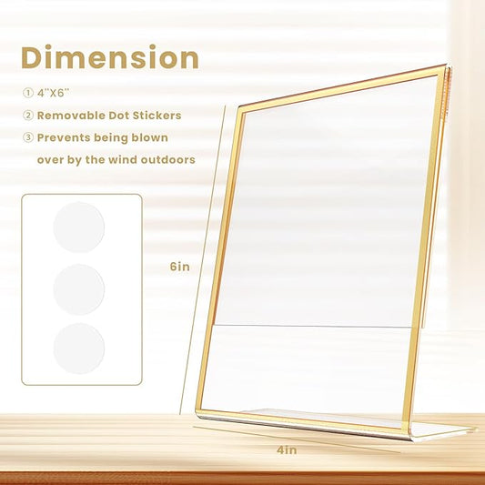 Acrylic Gold Frames 4X6, Slanted Back Gold Picture Frames Table Acrylic Sign Holder for Photos Wedding Table Numbers and Art Display with Removable Clear Sticky Dots，3 Pack