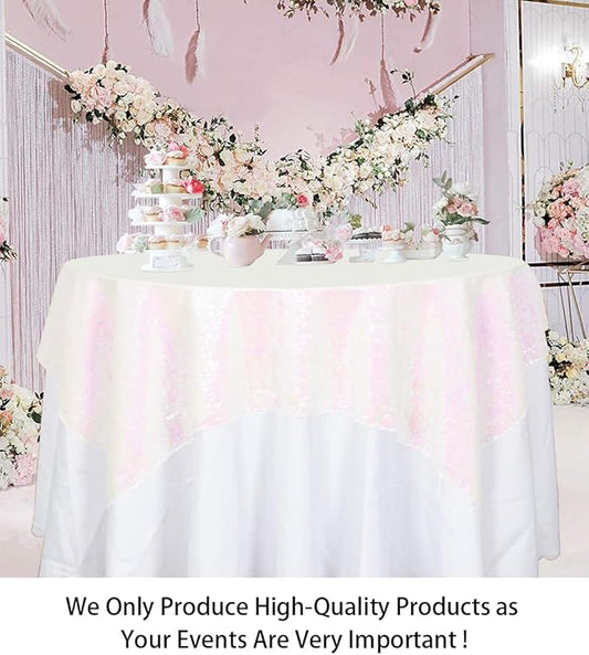 ShinyBeauty Square Tablecloth 72x72-Inch Sequin Tablecloth Overlay Iridescent White Table Cover Sequined Table Cloths for Wedding White Tablecloth Linen Square Overlay for Cocktail/Dessert
