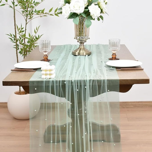 Joanlody Fall Pearl Table Runner 10ft Rustic Boho Tulle Table Runner with Pearls for Baby Shower Wedding Party Veil Dessert Thanksgiving Table Decor Sage Green 4pcs
