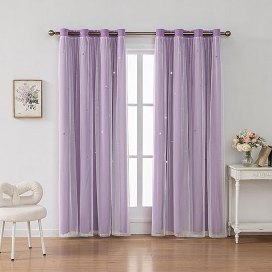 Ombre Rainbow Blackout Curtains for Kid Girls Bedroom Living Room Darking Stripe Double Layer Star Cut Out Wall Home Decor Gradient Grommet Window Curtains (Purple 63L)