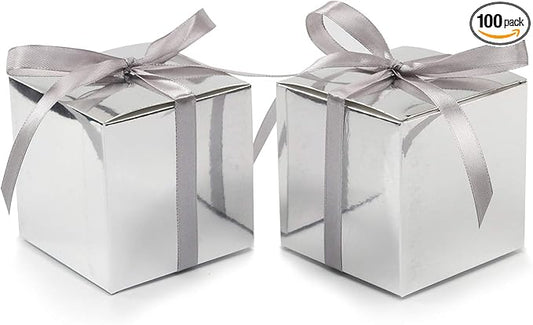 COTOPHER 100pcs Wedding Favor Boxes, Paper Gift Boxes 3x3x3 Inches Small Gift Boxes with Ribbons Small Boxes for Gifts, Crafting, Cupcake, Candy, Bridesmaid Proposal Boxes (Metallic Silver)