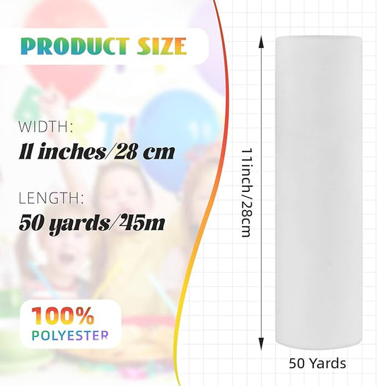 Crystal Organza Fabric Tulle 11 Inch by 50 Yards Sheer Tulle Rolls for DIY Craft Wedding Party Baby Shower Decor Gift Wrapping Party Supplies (White)