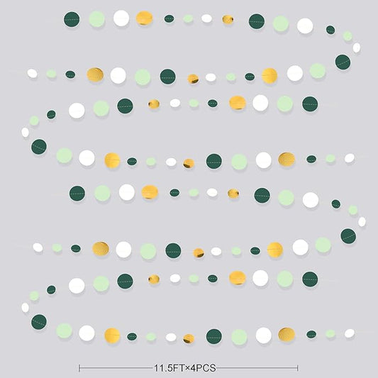 46 Ft Sage Green Gold Party Decorations Polka Dots Garlands Hanging Paper Circle Dots Streamer for Safari Wild Woodland Jungle Theme Birthday Baby Shower Graduation Wedding Party Decorations Supplies