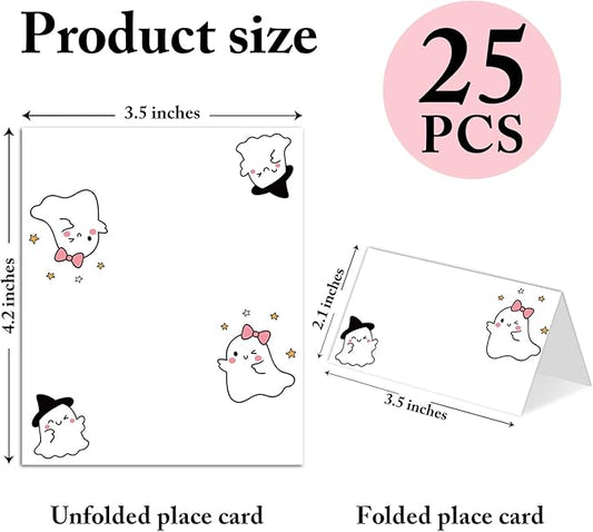 25 Pack Halloween Place Cards, Editable Name Cards for Table Setting, Cute Ghost Tent Cards Food Label for Dinner Party, Bridal Shower, Wedding, Baby Shower and Events -T37