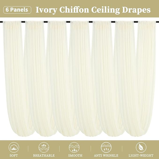 6 Panels Ivory Ceiling Drapes for Wedding 5ftx10ft Chiffon Fabric Arch Draping Curtains Sheer Drapery for Party Ceremony Birthday Baby Shower Reception Stage Swag Ceiling Decorations
