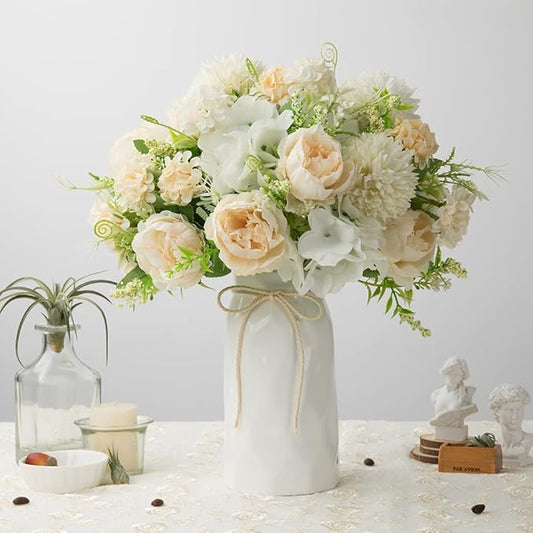 LESING Artificial Peony with Vase Silk Flowers Bouquets Fake Hydrangea Bulks for Home Table Centerpieces Wedding Decoration(White-1)