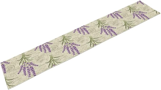 Floral Lavender Table Runner,Vintage Rustic Country Romantic Purple Flower Pattern Print Burlap for Hotel Indoors Outdoor Dining Room Kitchen Home Decor, 13x80in