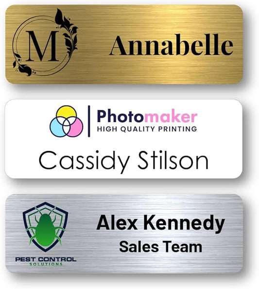 Custom Name Tags - Full Color Logo Name Tags - Scratch Resistant Metal Front & Hard Plastic Back (1.25 x 3 Inch, Gold)