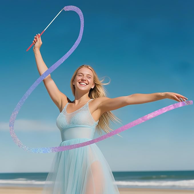 24 Pcs Sparkling Dance Ribbon for Kids Rhythmic Gymnastics Birthday Party Favors Twirling Streamer for Girl Princess Artistic Dancing Outdoor Game Supplies(Gradient Blue Purple)