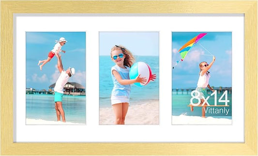 Vittanly 8x14 Picture Frames Collage, Displays 3Pcs 4x6 Pictures with Mat, Collage Picture Frame for Horizontal or Vertical Display, Gold, 1 Pack