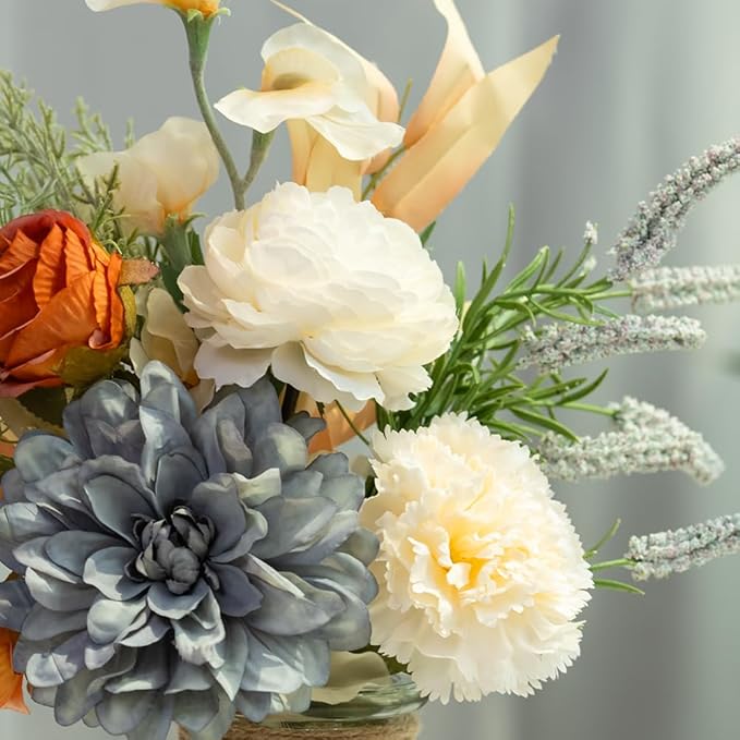 LESING Dahlia Flower Aritificial Flower with Vase Fake Silk Flowers in Glass Vase Faux Rose Flowers Arrangement for Home Office Table Centerpiece Decoration (Blue)