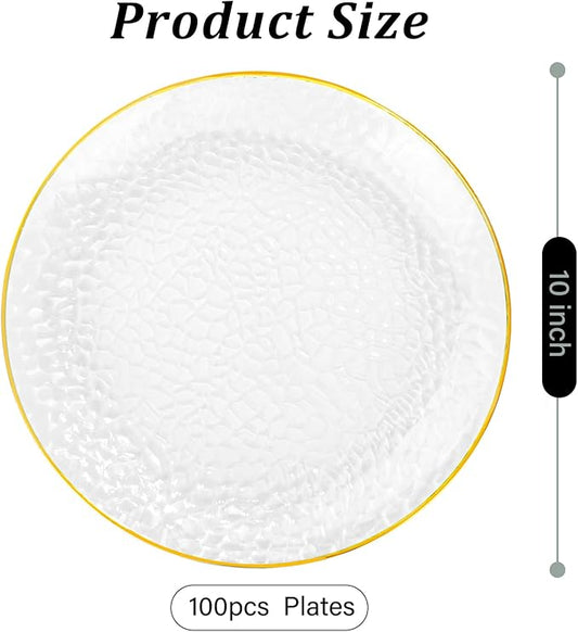 Rubtlamp 100 Pcs Gold Plastic Plates - 10 inch Clear Gold Dinner Plates - Hammer Pattern Design - Fancy Disposable Plate - Heavy Duty Party Plate Ideal for Wedding