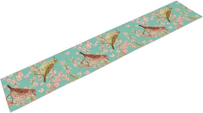 Table Runner with Flowers and Birds, Spring Plant Flowers Table Decoration Linen Table Runner Family Party Party Decorations 13x60 Inches