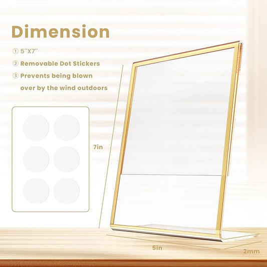 Acrylic Gold Frames 5X7, Slanted Back Gold Picture Frames Table Acrylic Sign Holder for Photos Wedding Table Numbers and Art Display with Removable Clear Sticky Dots，6 Pack