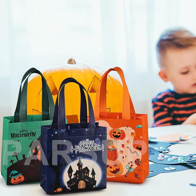 PARSUP Halloween Trick or Treat Bags, 16PCS Small Gift Tote Non-Woven Bags with Handles for Gifts Wrapping, Halloween Party Supplies, 7.9 * 7.9 * 3.15"