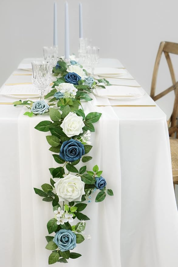 PONATIA 5FT Handcrafted Artificial Rose Flower Garland, Dusty Blue Flowers Greenery Garland for Wedding Ceremony Garlands Backdrop Arch Flowers, Ceremony Reception Table Decorations