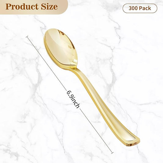 BESTVIP 300 Pack 6.9 Inch Gold Plastic Spoons, Heavy Duty Plastic Silverware, Heavyweight Gold Disposable Spoons, Disposable Serving Utensils for Catering, Parties, Dinners, Weddings, Christmas