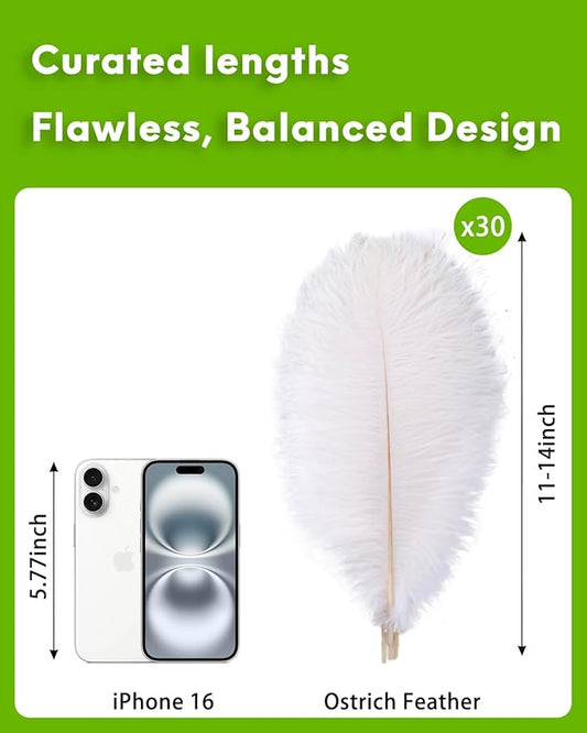 NEWONG 30pcs White Ostrich Feathers Natural Bulk 11-14inch(28-35cm) Vase Craft Wedding Home Party Centerpieces Christmas Day Decoration