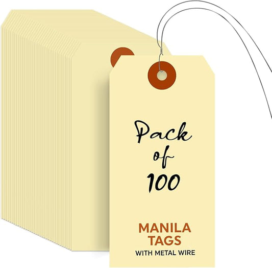SmartSign Blank Manila Tags with Wire (Pre-Attached)- Pack of 100, Size-5, 13pt Thick Cardstock Shipping Tag, 4 3/4" x 2 3/8" Paper Hang Tags with Reinforced Fiber Patch