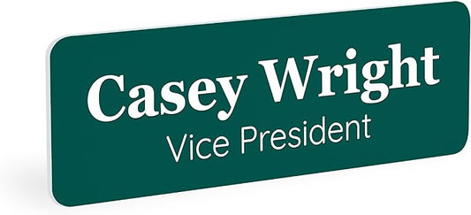 ExcelMark Custom Name Tag - Engraved Name Badge with Pin or Magnetic Backing, 16 Colors, 6 Fonts, and 2 Sizes to Choose from (Green w/White Letters, 1"x 3")
