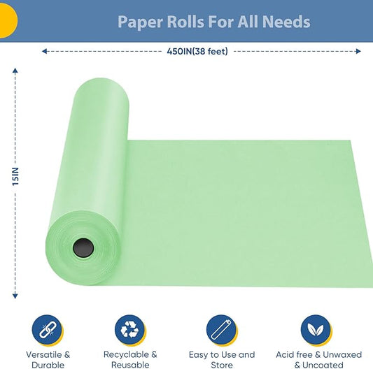 Light Green Wrapping Paper, 15"x450" Solid Color Art Craft Poster Kraft Bulletin Board Decorative Paper Roll, Birthday Anniversary Wedding Easter Eid St Patricks Day Bouquet Flower Gift Wrap