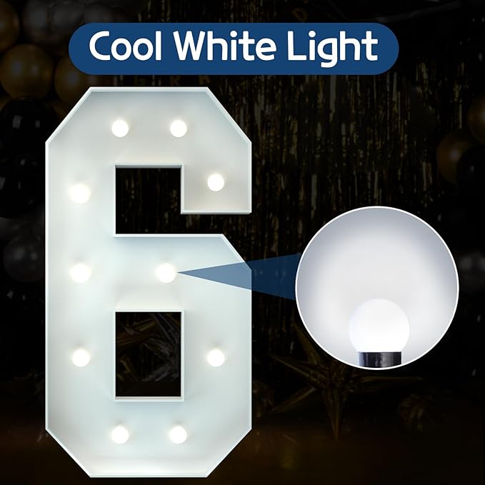 Marquee Numbers 4 Feet Tall Big Light Up Numbers 6th 16th 60th Happy Birthday Decorations Girl Boy Sweet 16 White Anniversary Party Decor Large Cardboard Prop Backdrop Sign 6