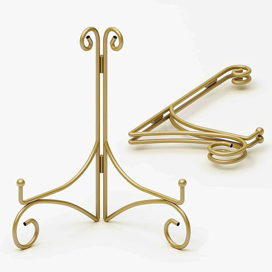 Plate Display Stands with Hinged Folding Design, 8 Inch Picture Frame Stand for Tables, Decorative Easels for Plates, Photos, Cards and Books, 8’’ Gold, 2-Pack