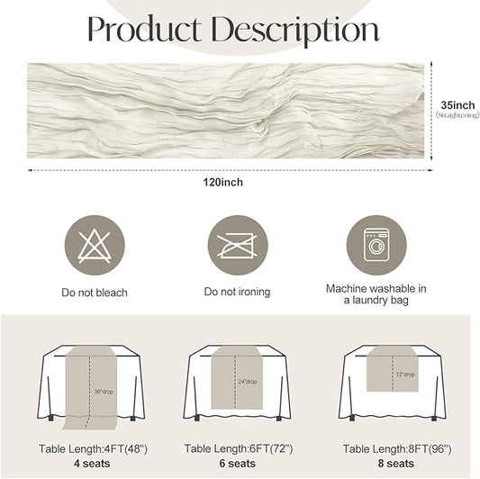 2 Pcs Ivory Cheesecloth Table Runner - 120 inch 10FT Boho Rustic Gauze Cheese Cloth Table Runner Decor for Spring Summer Party Wedding Birthday Baby Bridal Shower Home
