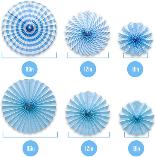 Hanging Paper Fans Party Set, Round Pattern Paper Garlands Decoration for Birthday Baby Boy Shower Graduation Bachelorette, Set of 6 (Blue)